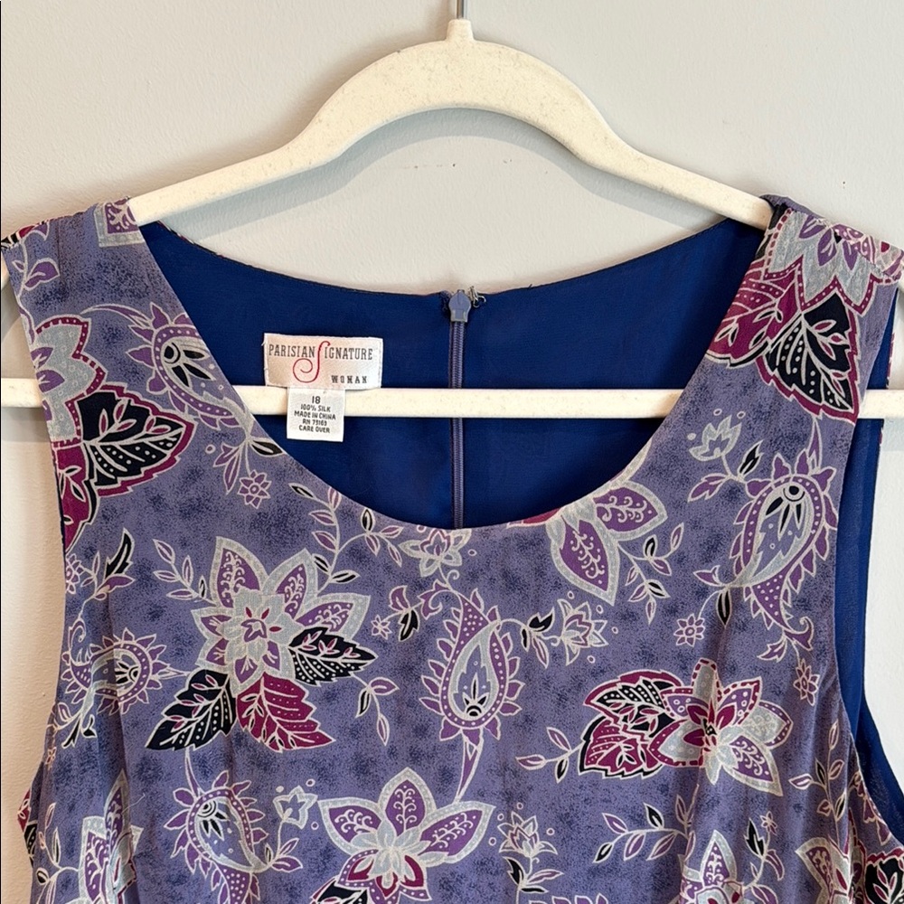 Vintage Parisian Signature Silk Dress in Blue and Lavender Paisley Floral